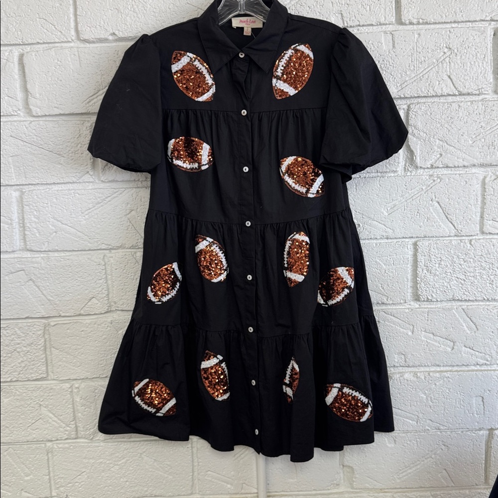 Peach Love California Black Football Print Mini Dress Small Sequins - Picture 3 of 6